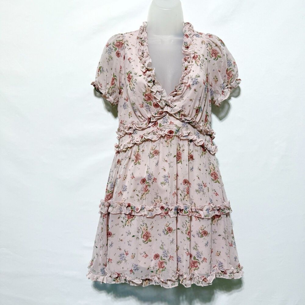 Trixxi Dress Womens S Pink Floral Ruffle Tiered Mini Cottagecore Romantic